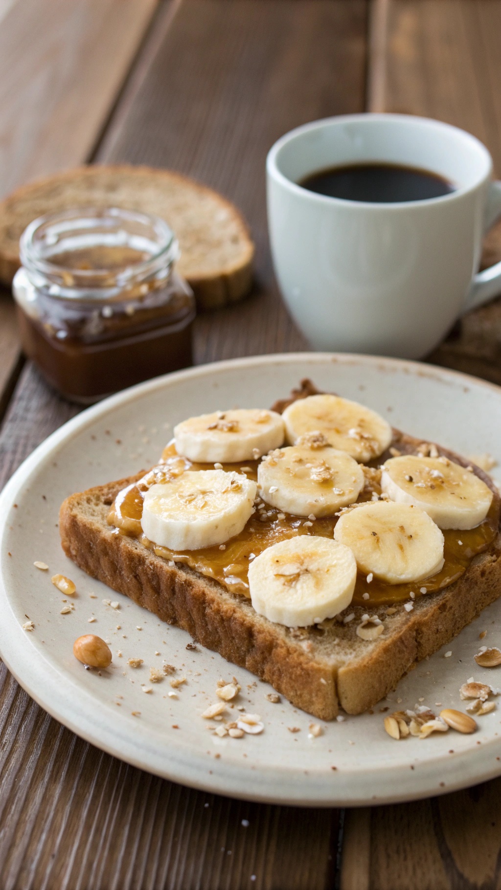 A slice of whole grain toast topped with peanut butter and banana slices, with a cup of coffee in the background.