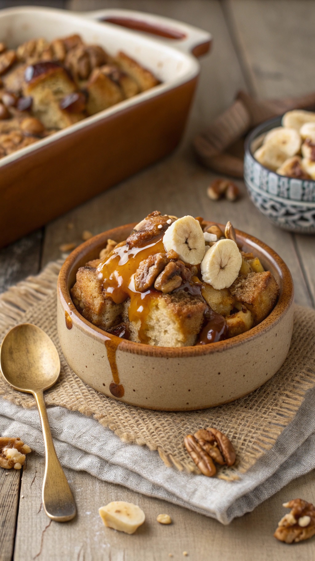 A bowl of banana and walnut bread pudding topped with caramel sauce and banana slices, with a baking dish in the background.
