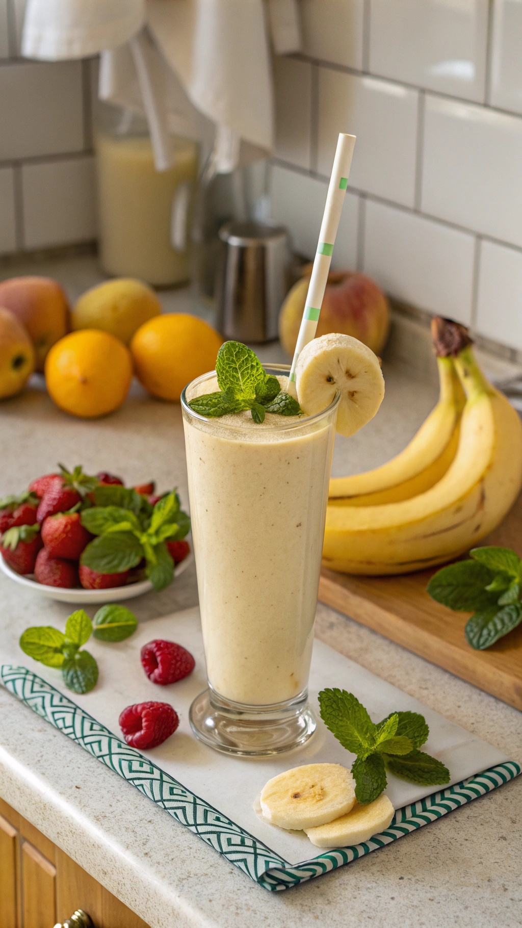 A refreshing banana smoothie garnished with mint leaves, surrounded by fresh fruits.