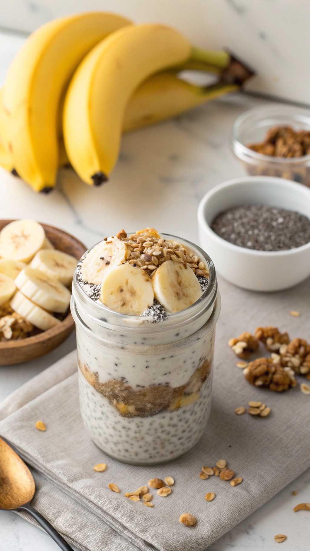 A jar of banana chia seed pudding topped with sliced bananas and granola, with fresh bananas in the background.
