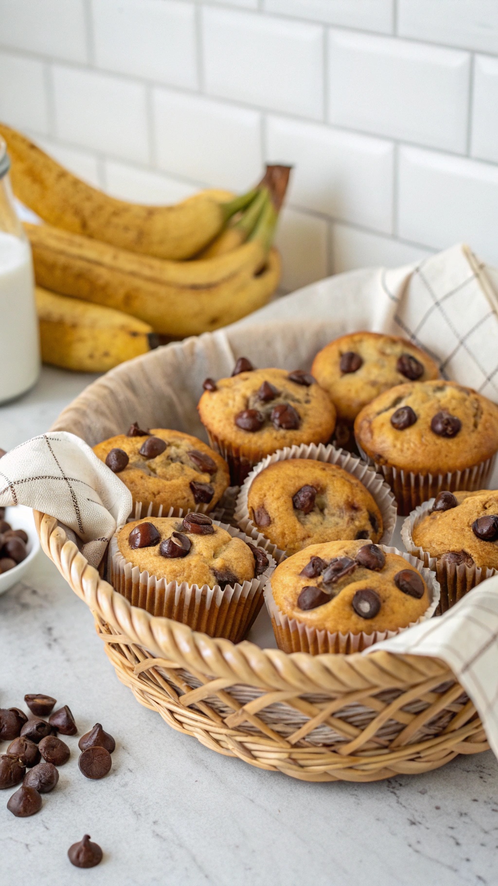 A basket of freshly baked banana chocolate chip muffins with ripe bananas in the background.