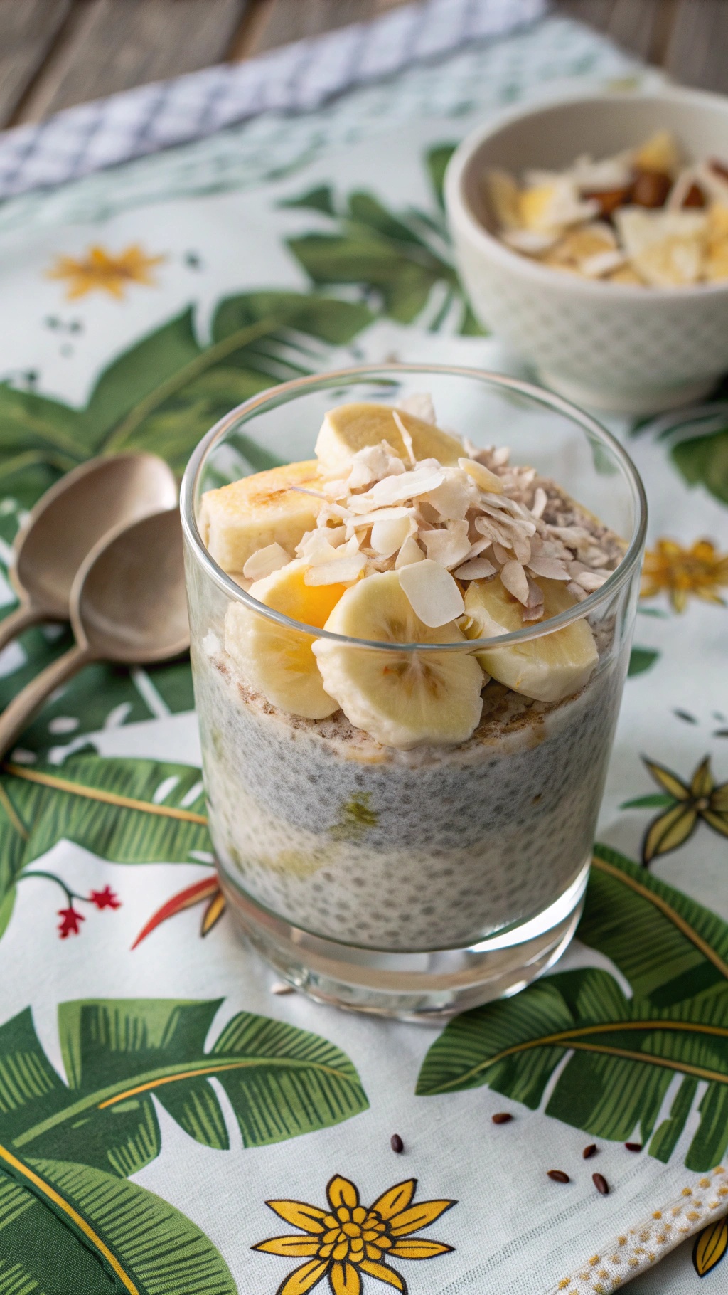 A glass of banana coconut chia pudding topped with banana slices and coconut flakes, on a tropical-themed tablecloth.