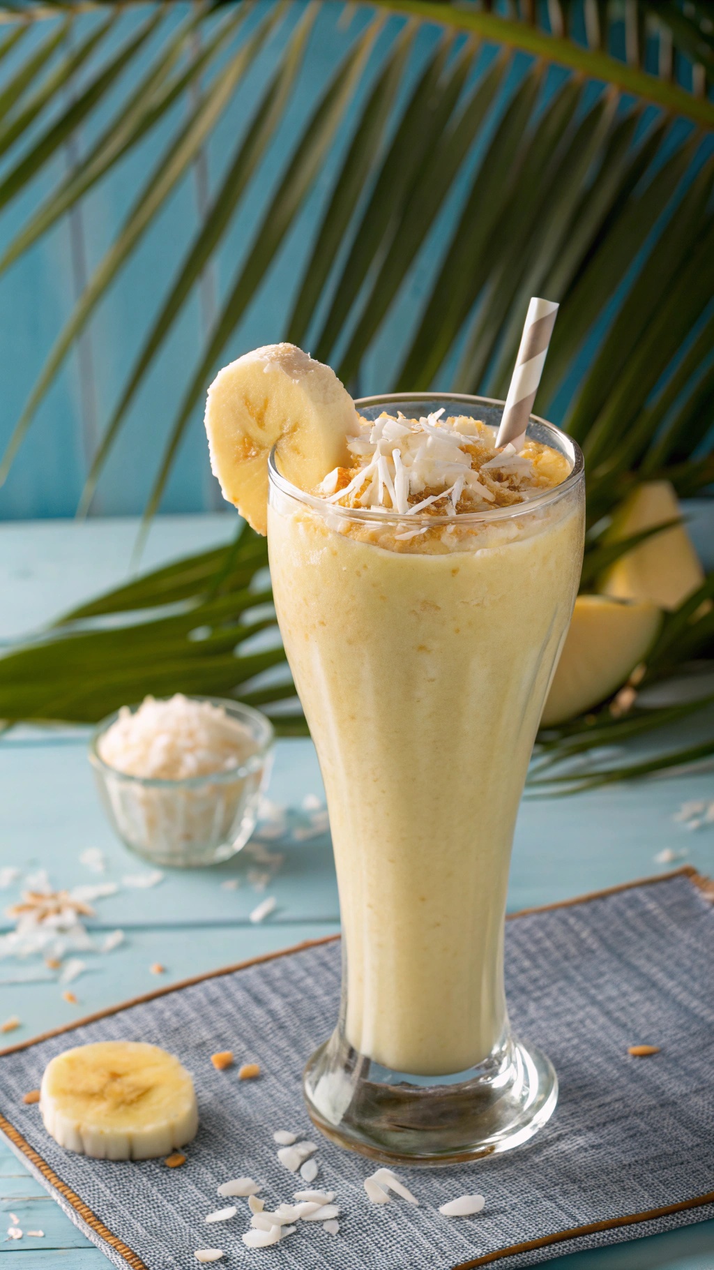 A refreshing Banana Coconut Protein Smoothie in a tall glass, topped with shredded coconut and a slice of banana, set against a tropical background.