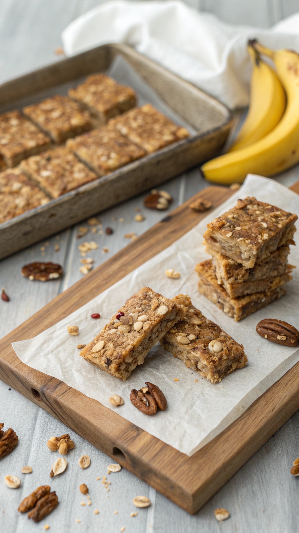Delicious banana nut granola bars stacked on a wooden board with bananas in the background.