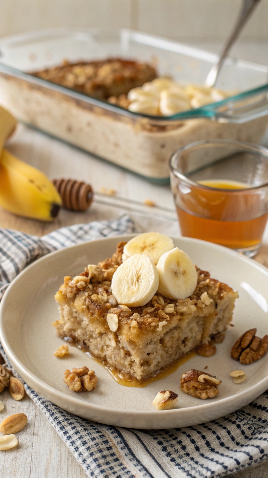 A slice of banana nut overnight casserole topped with banana slices, served on a plate with a glass of honey and a baking dish in the background.