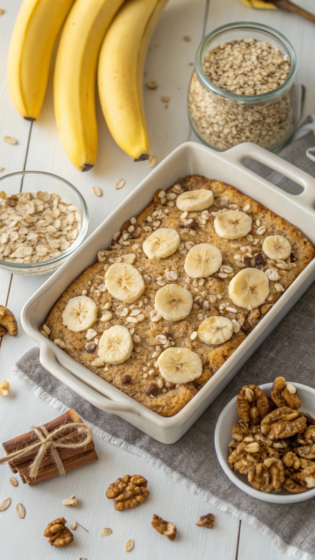 A delicious banana nut overnight oats bake topped with banana slices, surrounded by bananas, oats, and walnuts.