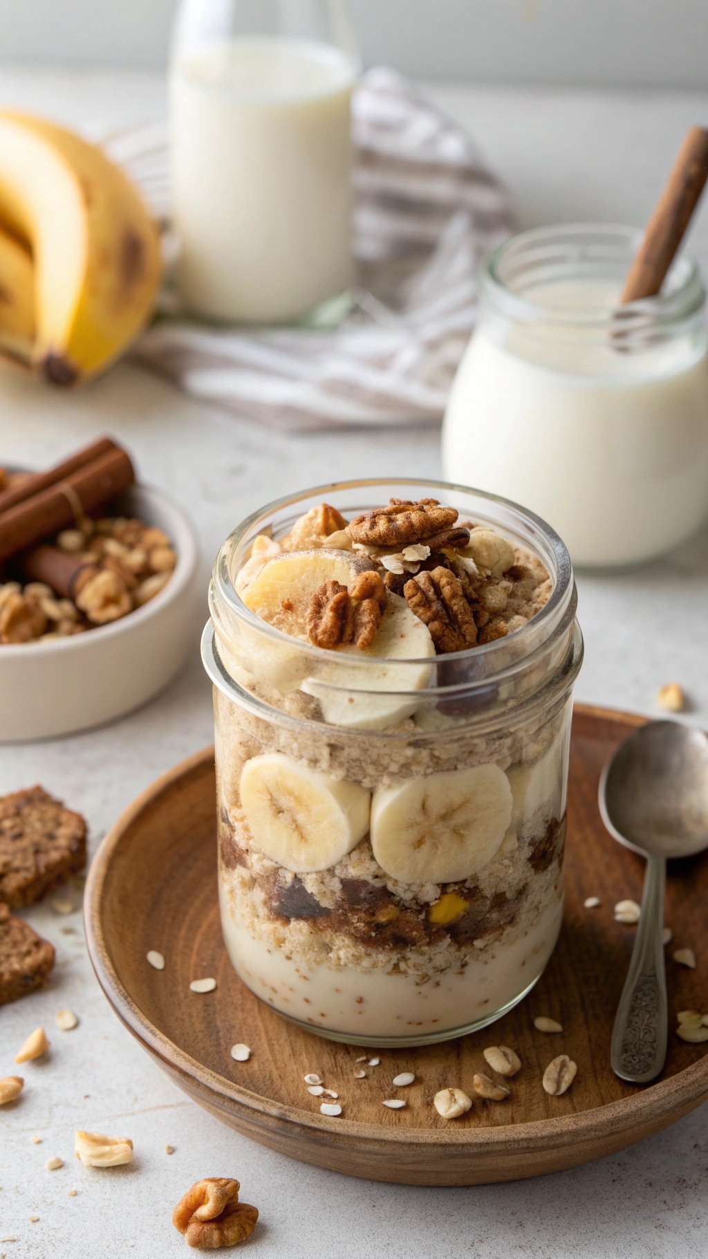 A jar of banana nut overnight oats with sliced bananas and nuts on top, surrounded by bananas and a glass of milk.
