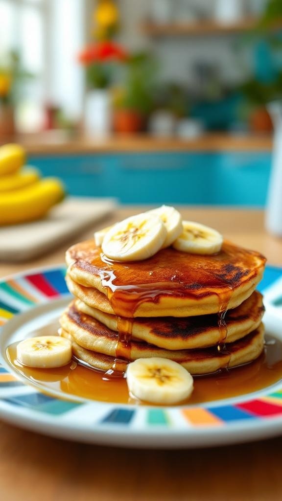 A stack of banana pancakes topped with banana slices and syrup on a colorful plate.
