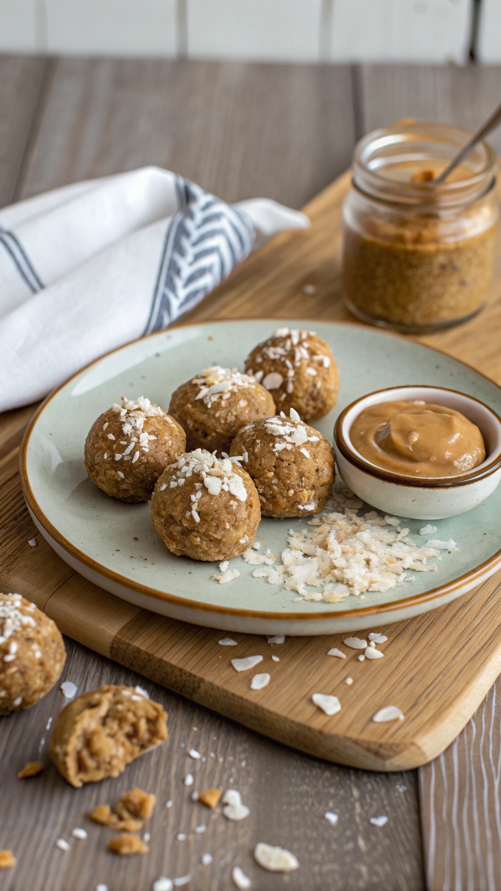 A plate of banana peanut butter energy balls with a small bowl of peanut butter on the side.