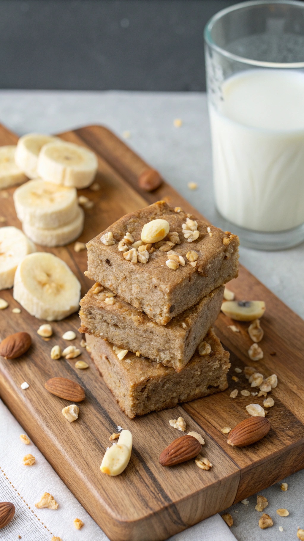 Delicious banana protein bars stacked on a wooden board with banana slices and almonds.