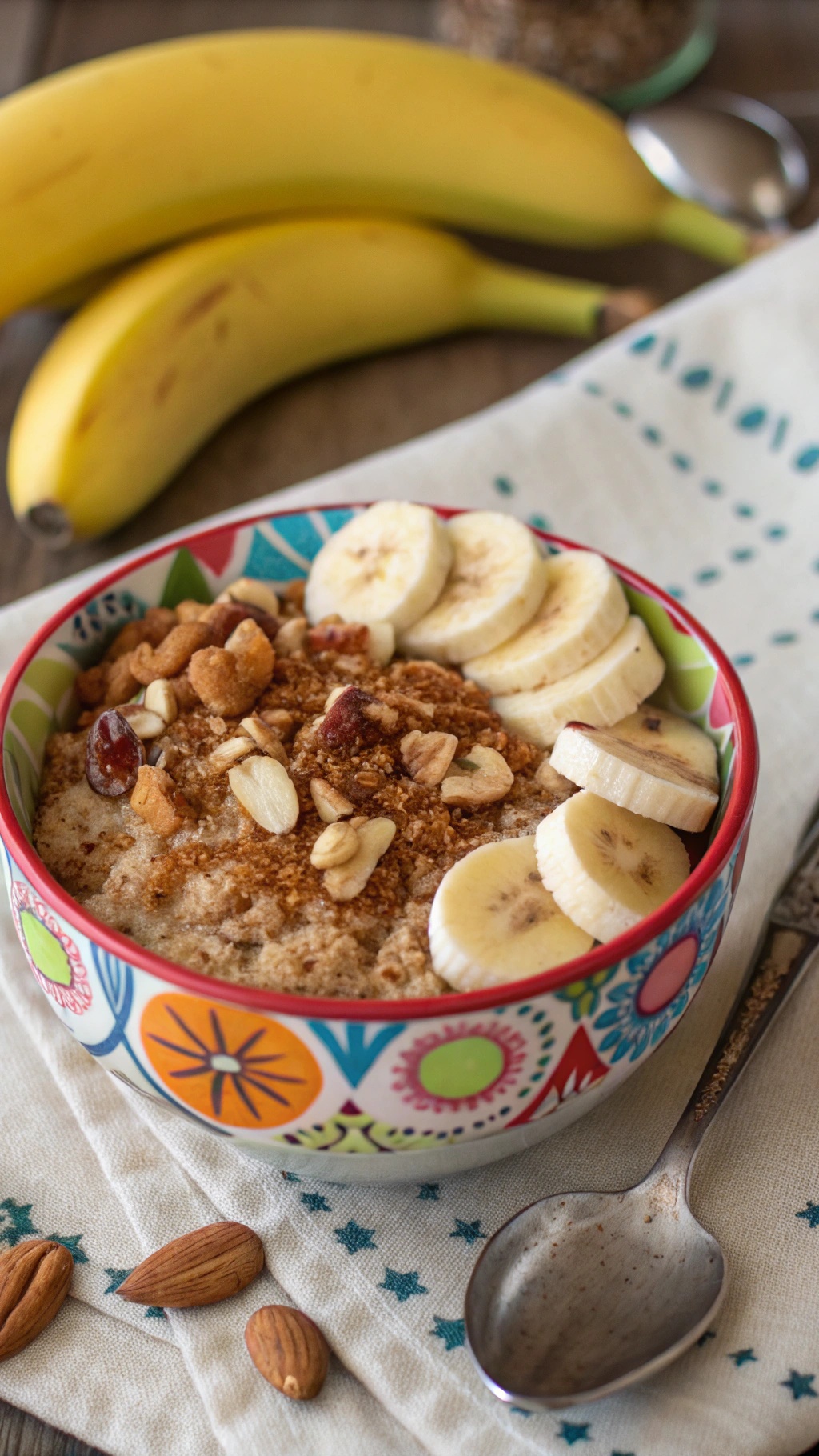 A colorful bowl of banana quinoa topped with sliced bananas, nuts, and cinnamon, with fresh bananas in the background.