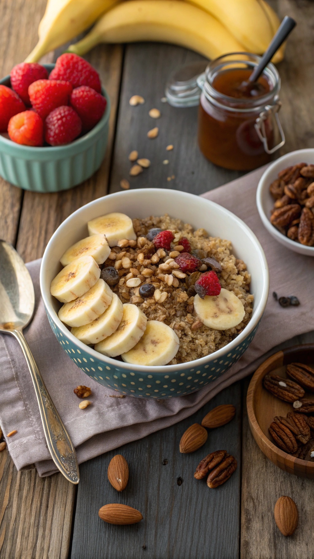 A colorful banana quinoa breakfast bowl topped with sliced bananas, mixed berries, and nuts.
