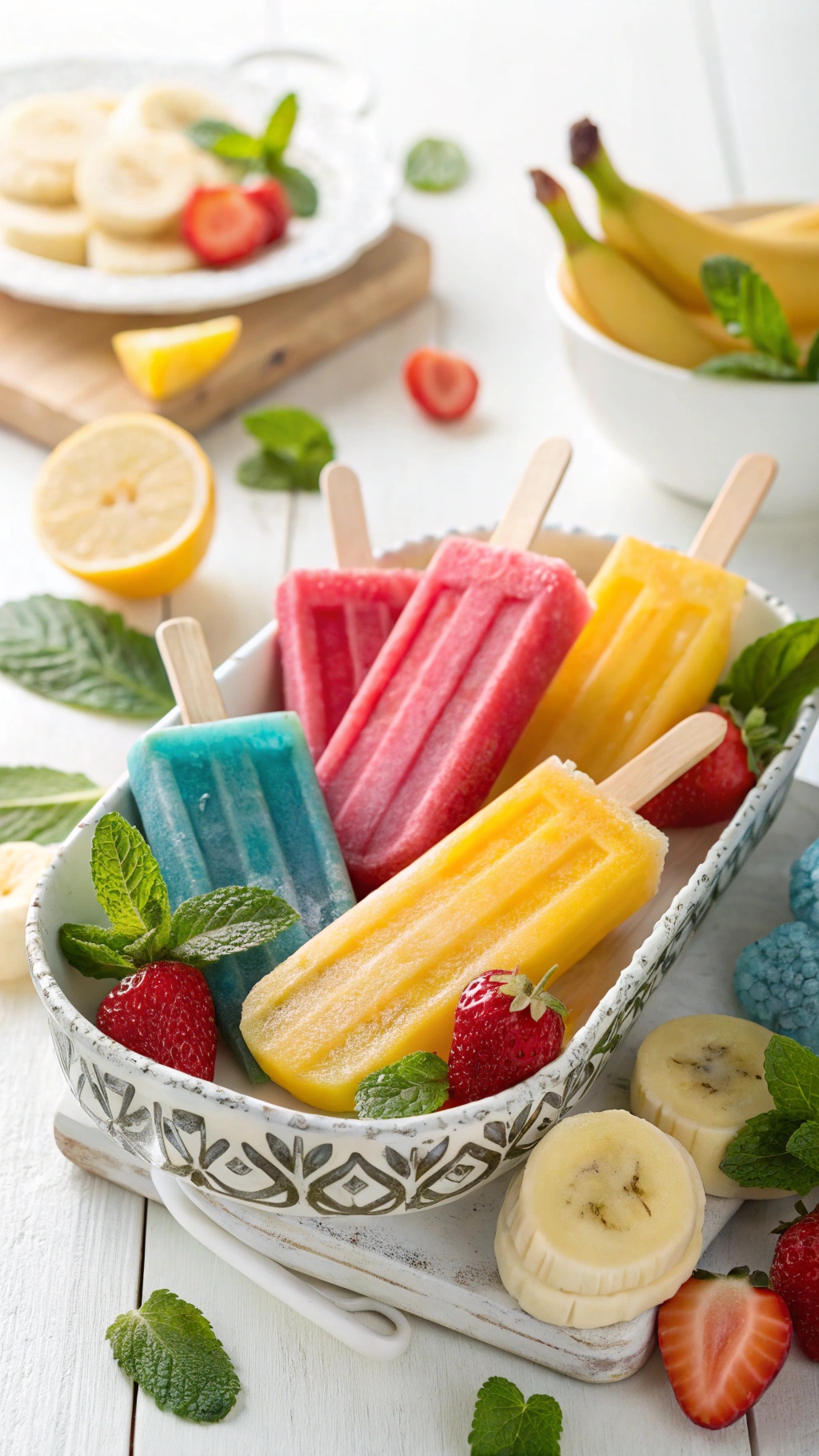 Colorful banana smoothie popsicles in a bowl with strawberries and mint leaves.