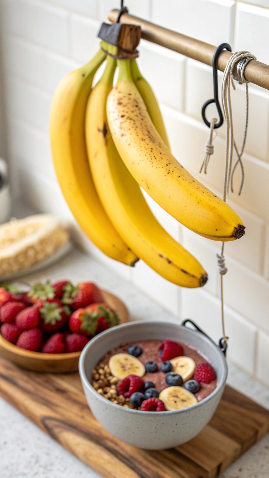 A bunch of ripe bananas hanging above a bowl of smoothie topped with strawberries, blueberries, and granola.