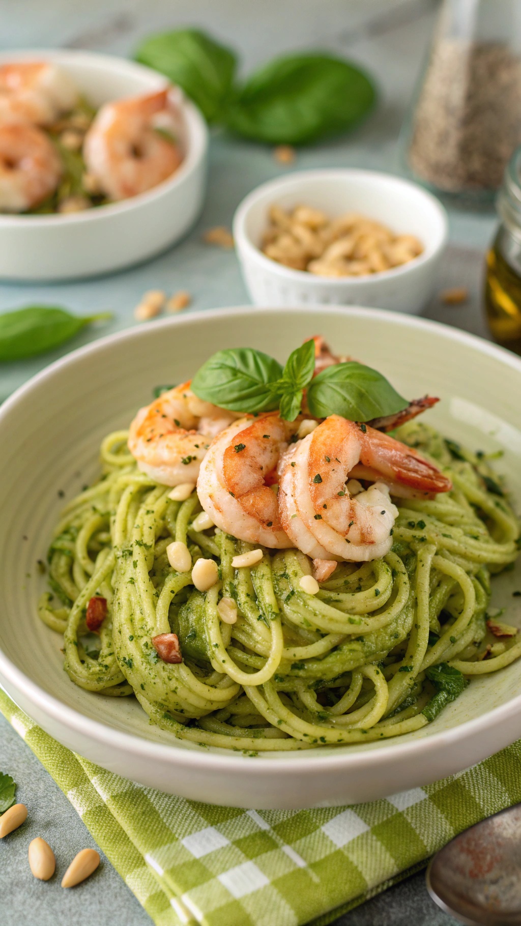 Basil Pesto Pasta with Grilled Shrimp served in a bowl with pine nuts and basil leaves