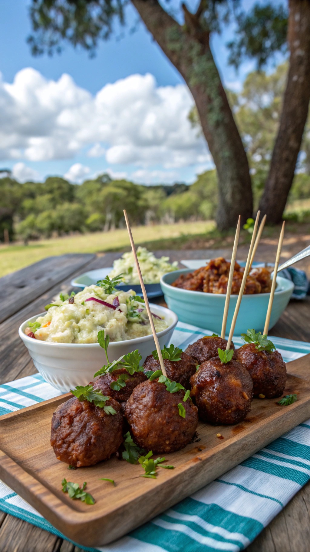 A platter of BBQ beef meatballs garnished with parsley, served with mashed potatoes and coleslaw.