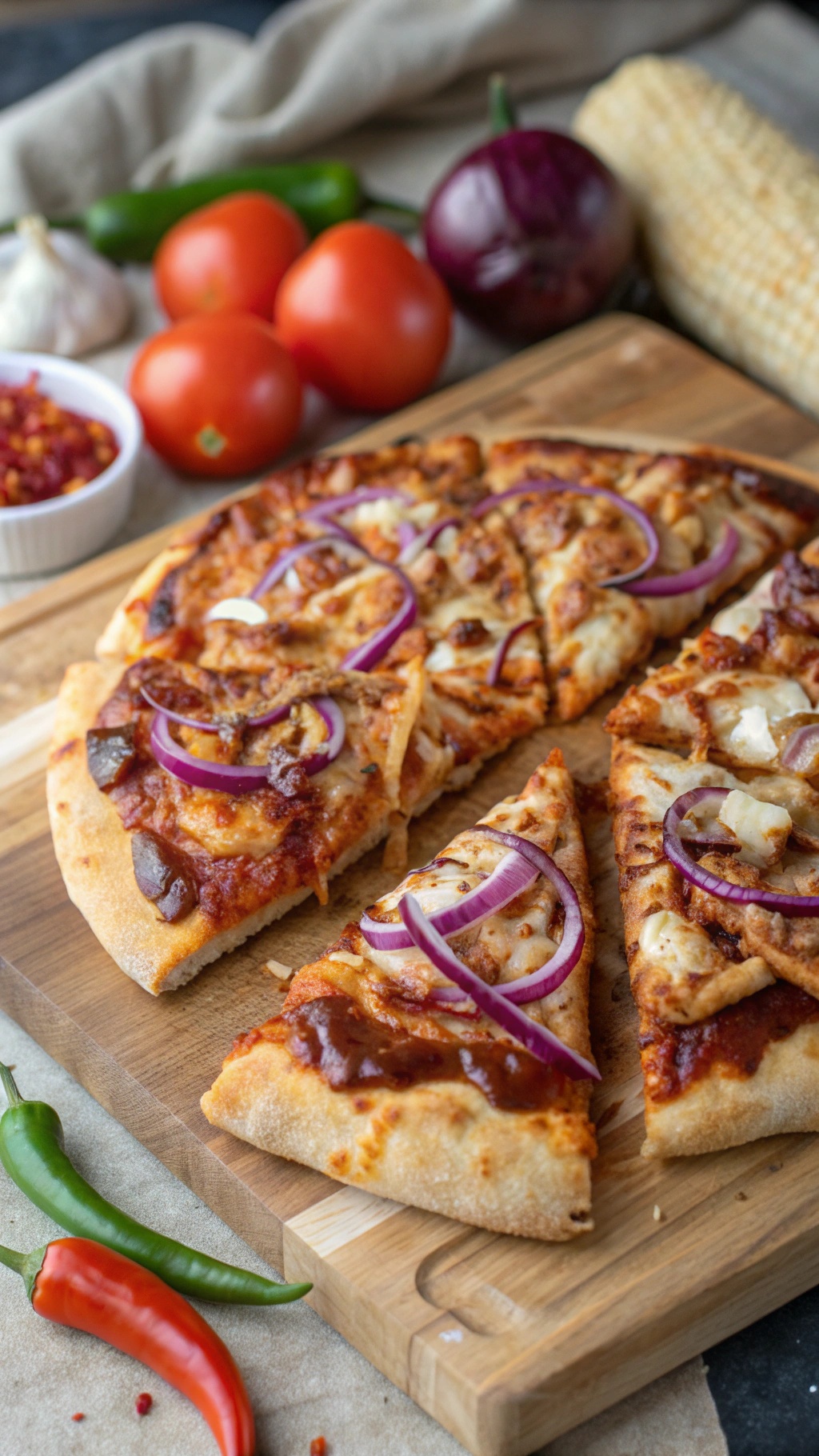 BBQ Chicken Pizza with red onions and fresh ingredients
