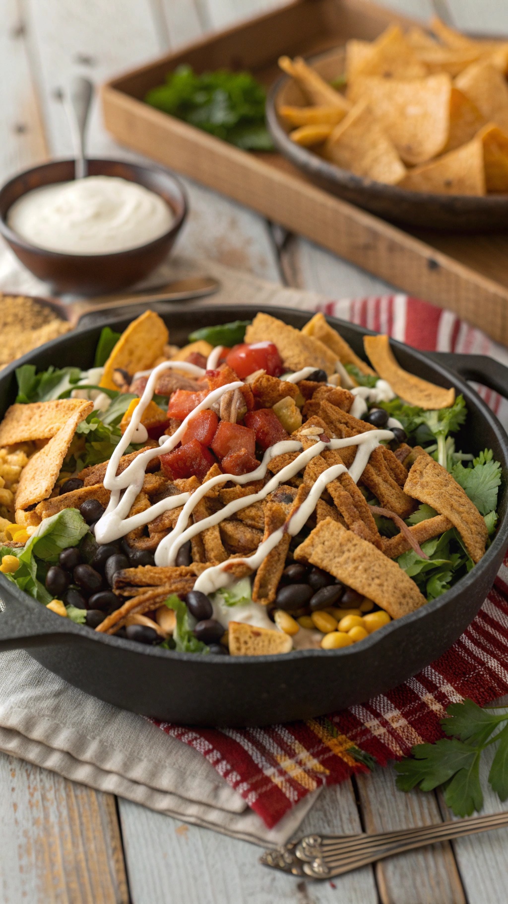 A colorful BBQ Chicken Taco Salad Skillet with fresh greens, black beans, corn, and crispy tortilla strips.