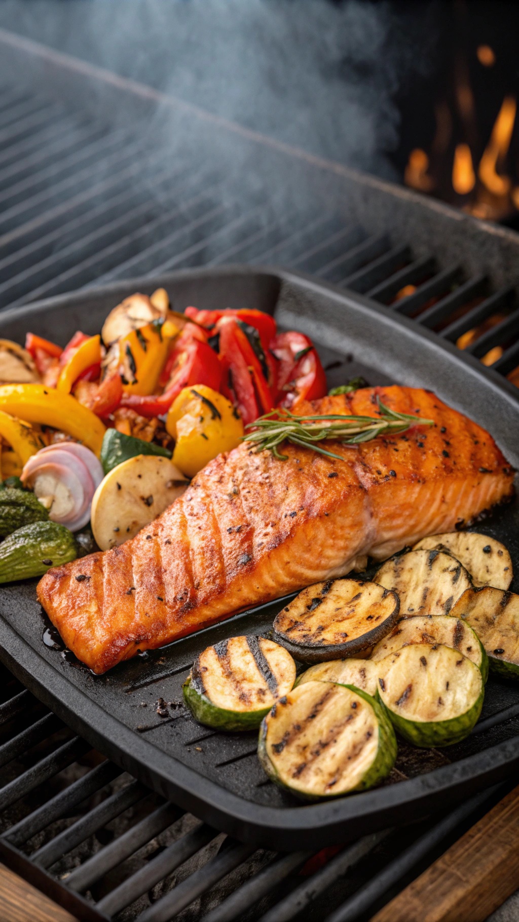 Grilled salmon fillet with colorful grilled vegetables on a barbecue grill.
