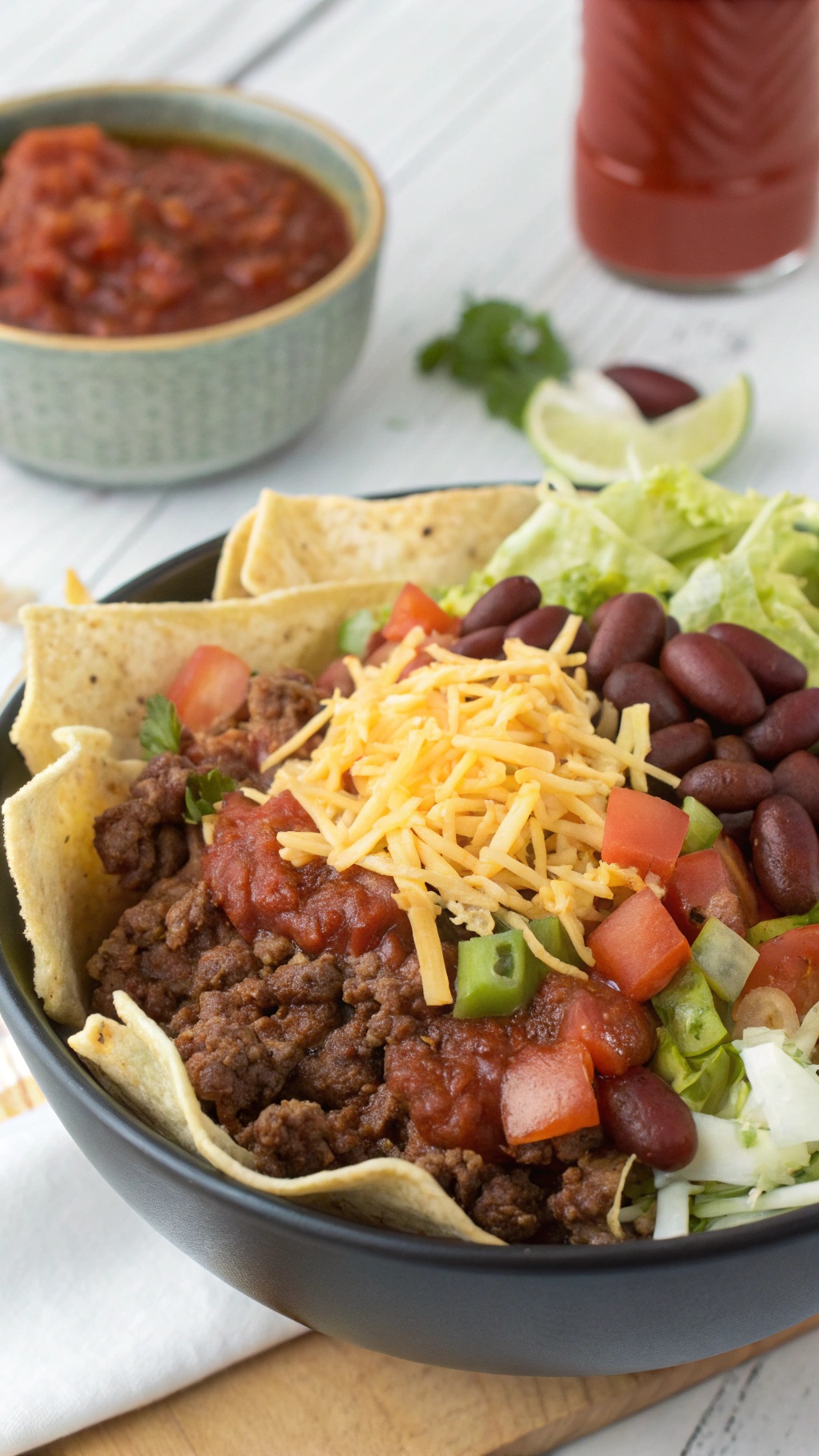 A delicious Beef and Bean Taco Salad Bowl with ground beef, beans, lettuce, tomatoes, cheese, and tortilla chips.