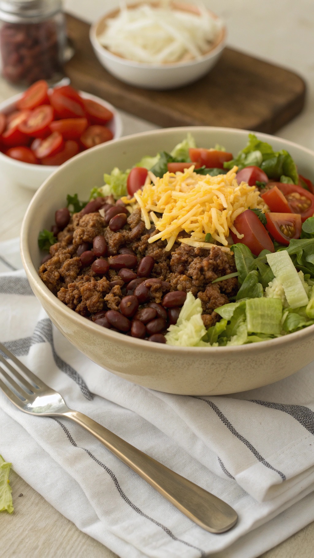 A bowl of beef and bean taco salad with lettuce, tomatoes, and cheese.