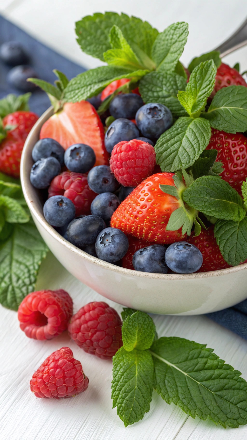 A bowl filled with fresh strawberries, blueberries, and raspberries, garnished with mint leaves.