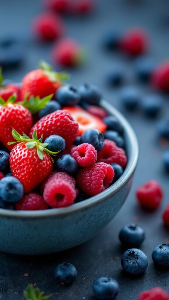 A bowl filled with fresh strawberries, blueberries, and raspberries on a dark background.