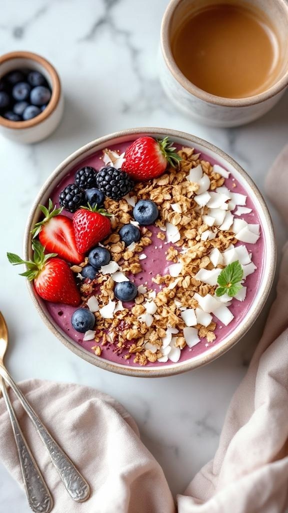 A colorful berry and spinach smoothie bowl topped with fresh fruits, granola, and coconut flakes.