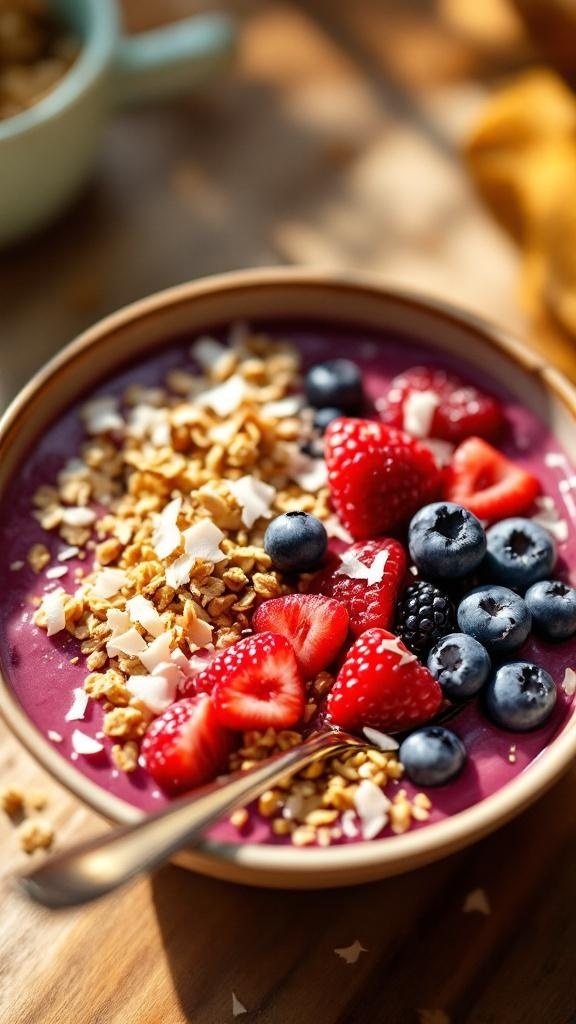 A colorful berry and yogurt smoothie bowl topped with granola and fresh berries.