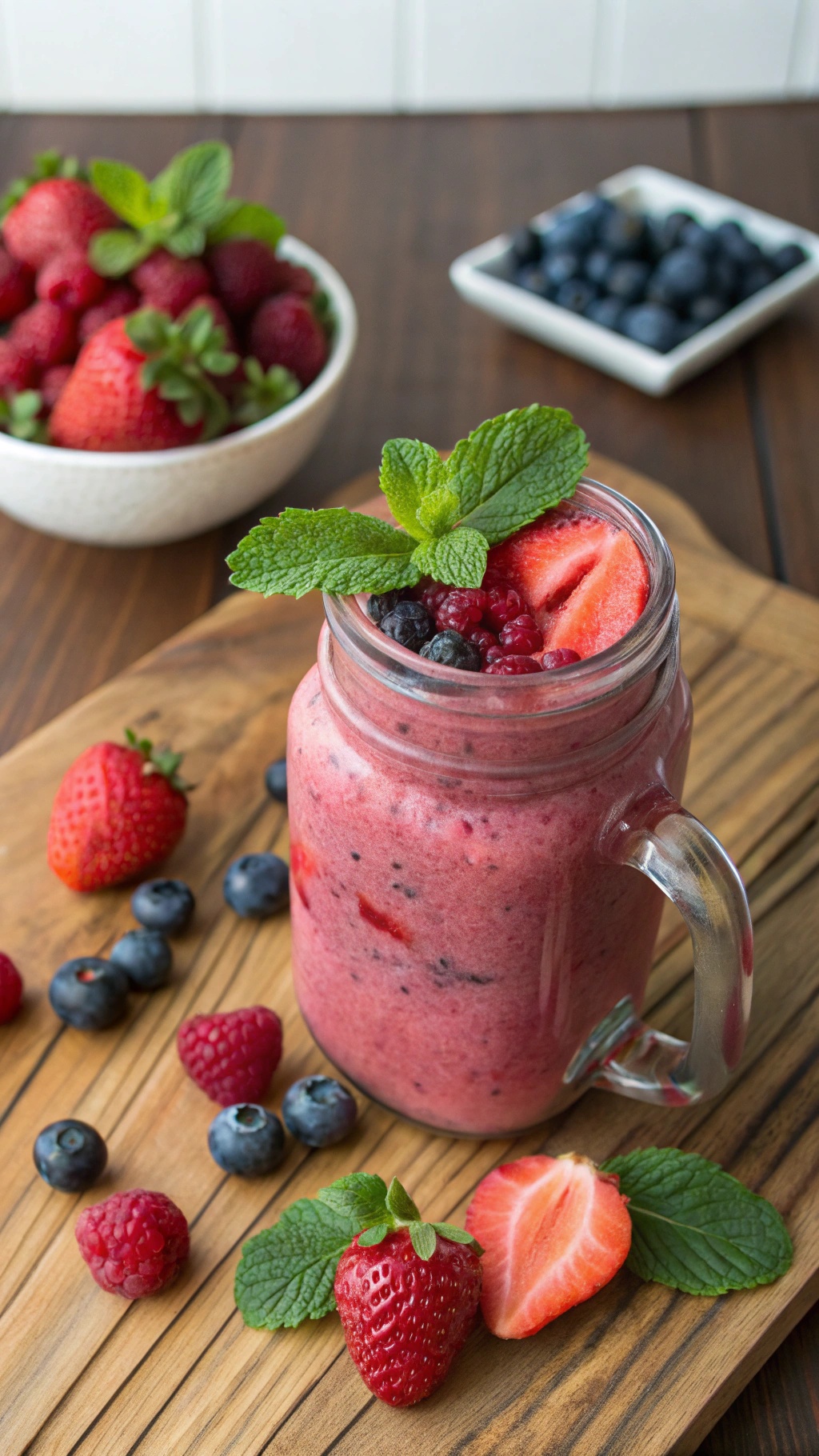 A refreshing berry smoothie in a mason jar, topped with strawberries, blueberries, and mint leaves.