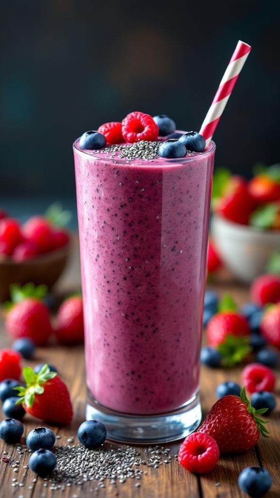 A refreshing Berry Blast Smoothie topped with fresh berries and chia seeds.