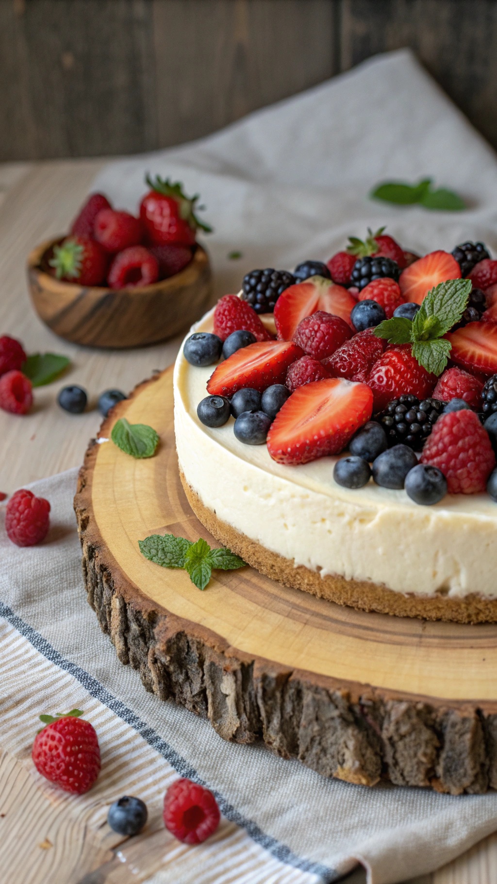 A delicious no-bake cheesecake topped with fresh berries on a wooden serving board.