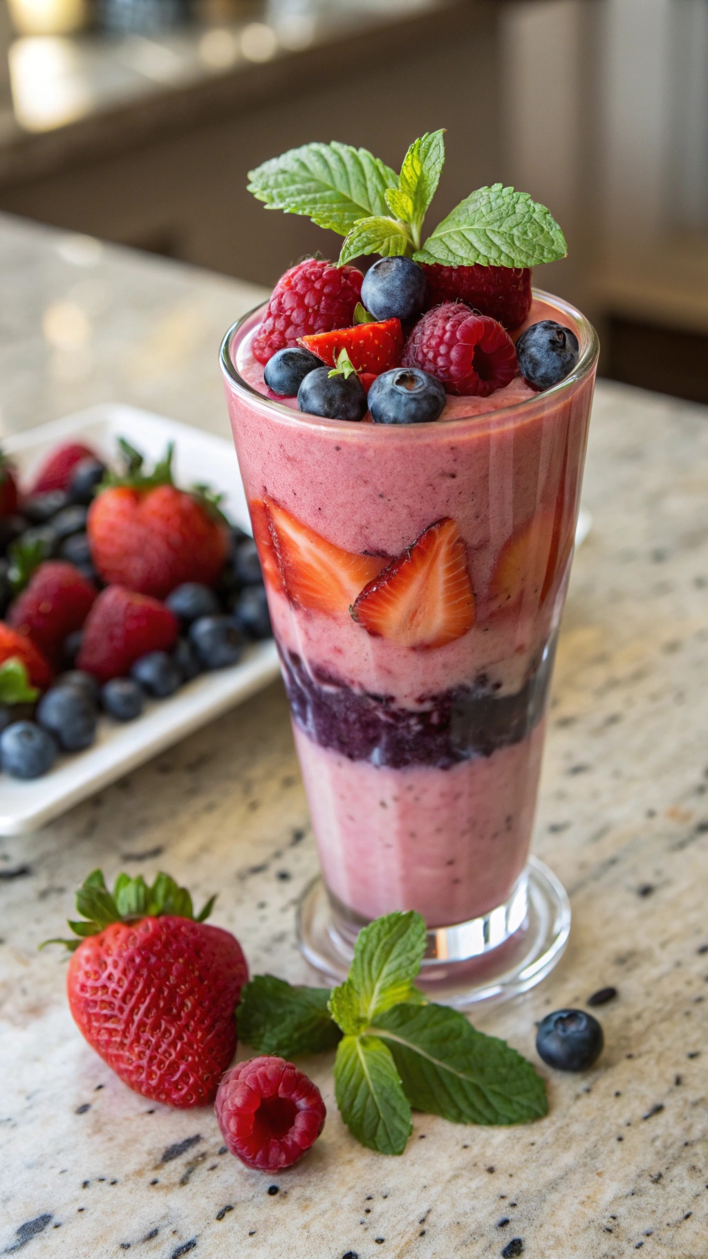 A colorful berry smoothie topped with fresh fruits and mint leaves, served in a glass.