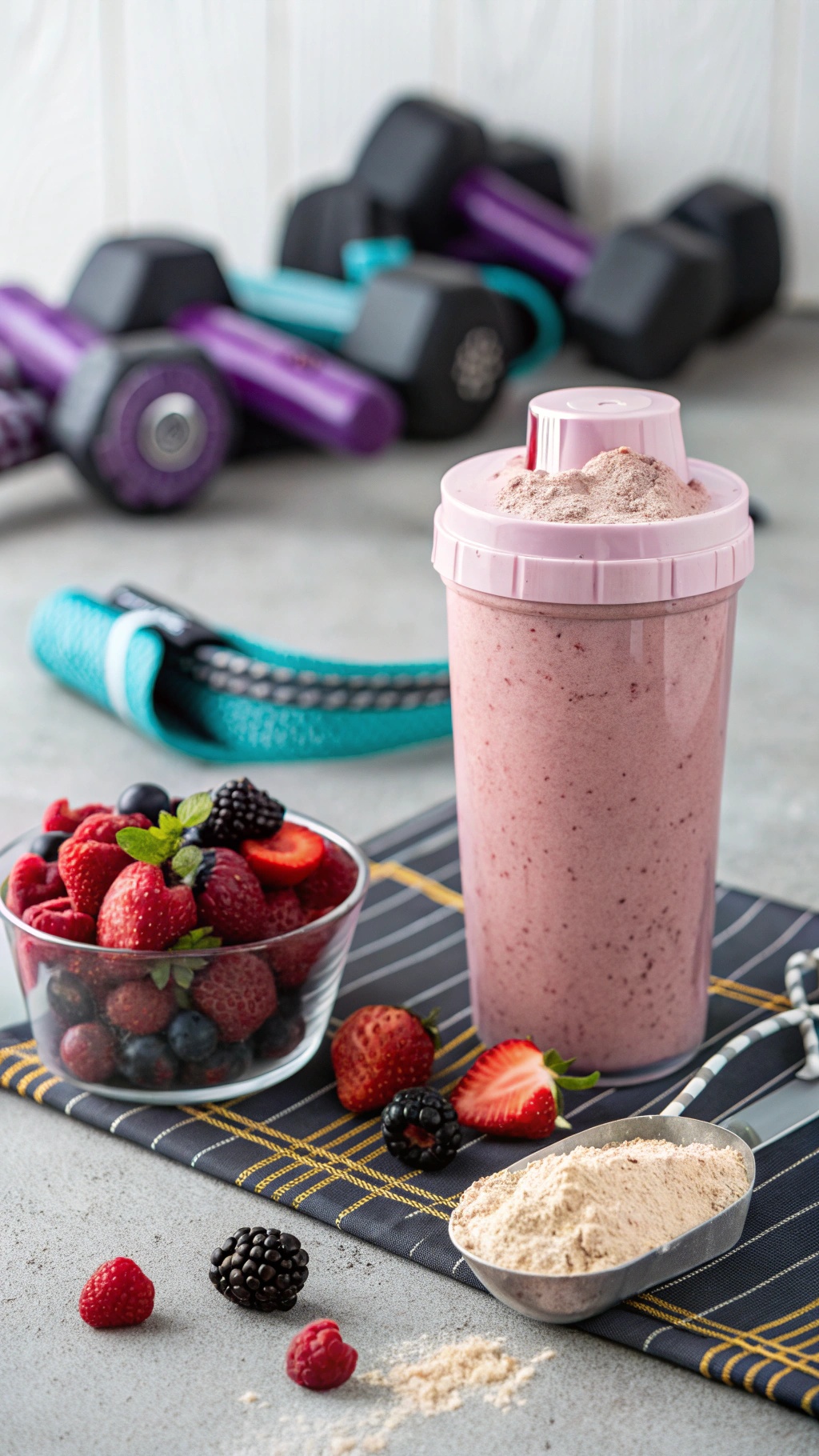 A berry protein smoothie with fresh berries and protein powder, set against a backdrop of workout equipment.