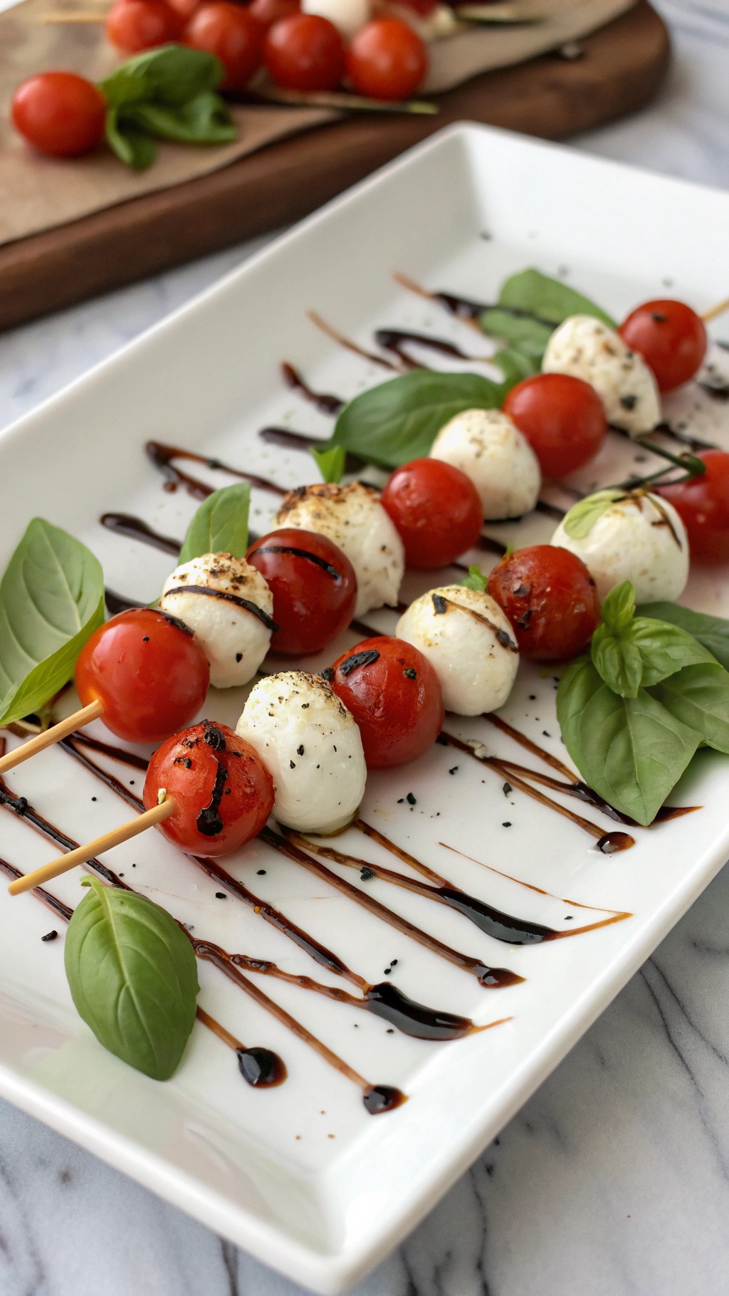 Bite-sized Caprese skewers with cherry tomatoes, mozzarella, and basil drizzled with balsamic glaze.
