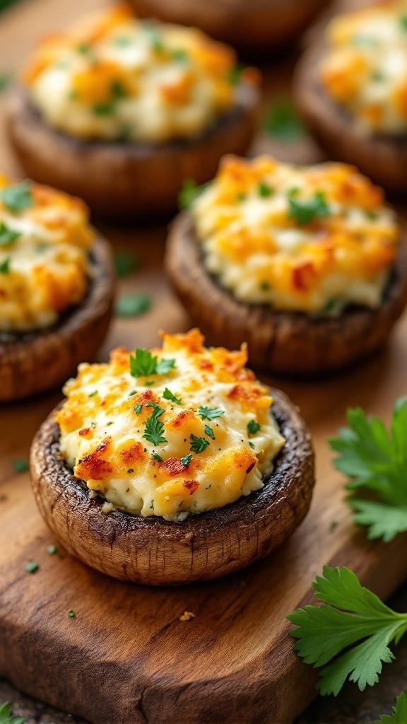 Bite-sized stuffed mushrooms topped with cheese and herbs on a wooden board.