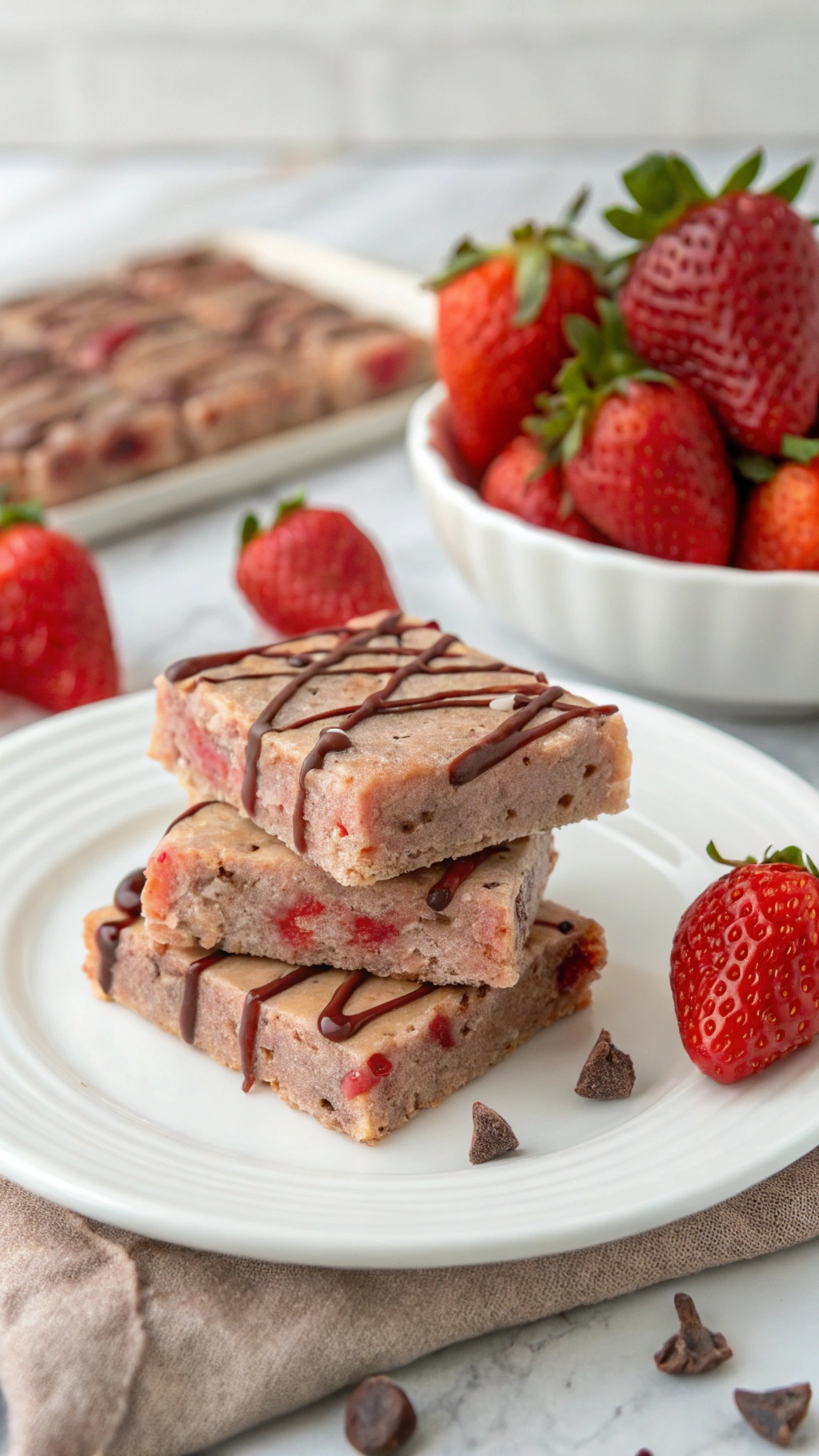 Delicious strawberry protein bars stacked on a plate with fresh strawberries and a protein powder container in the background.
