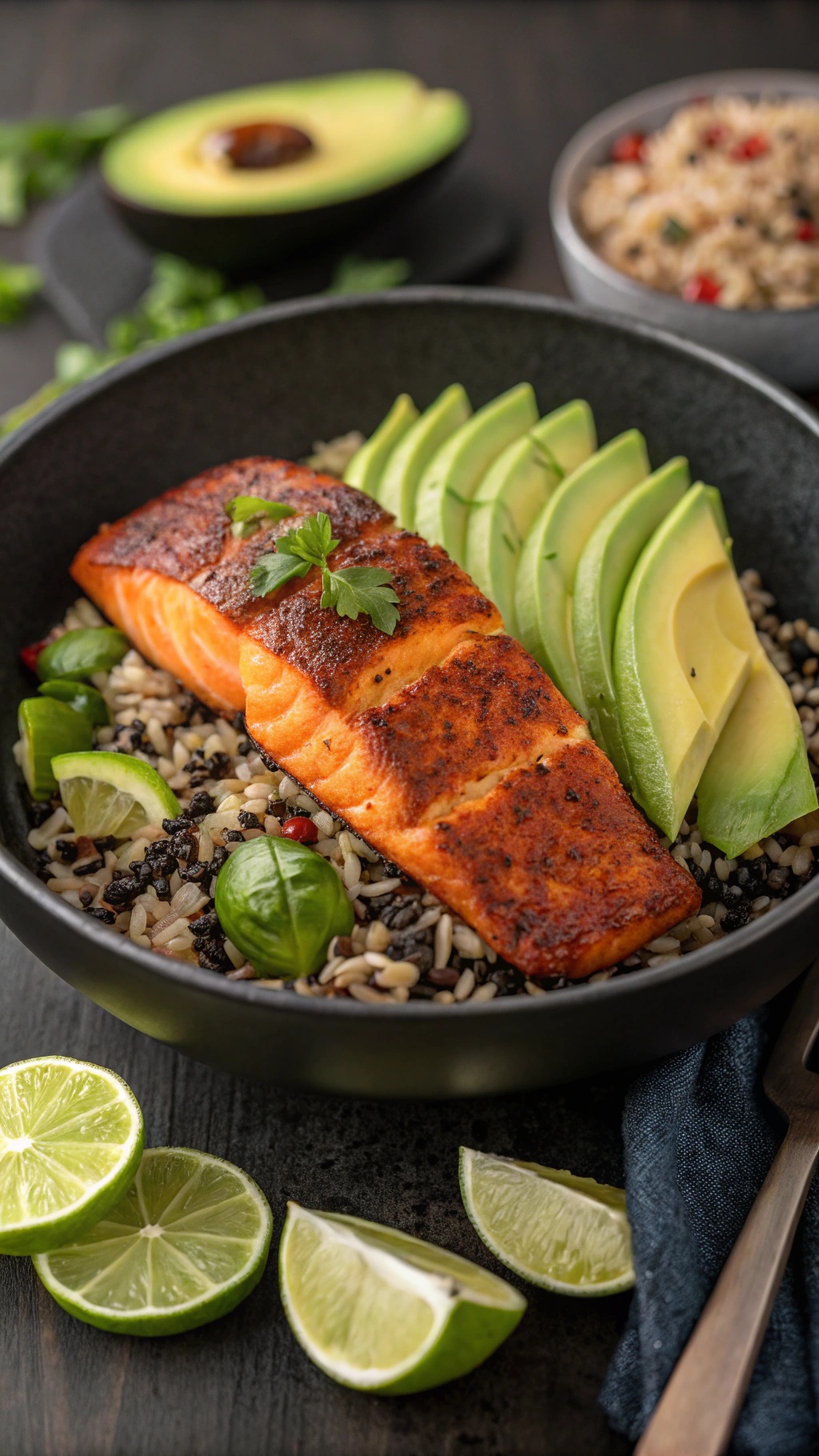 A blackened salmon bowl with rice, avocado slices, and lime wedges.