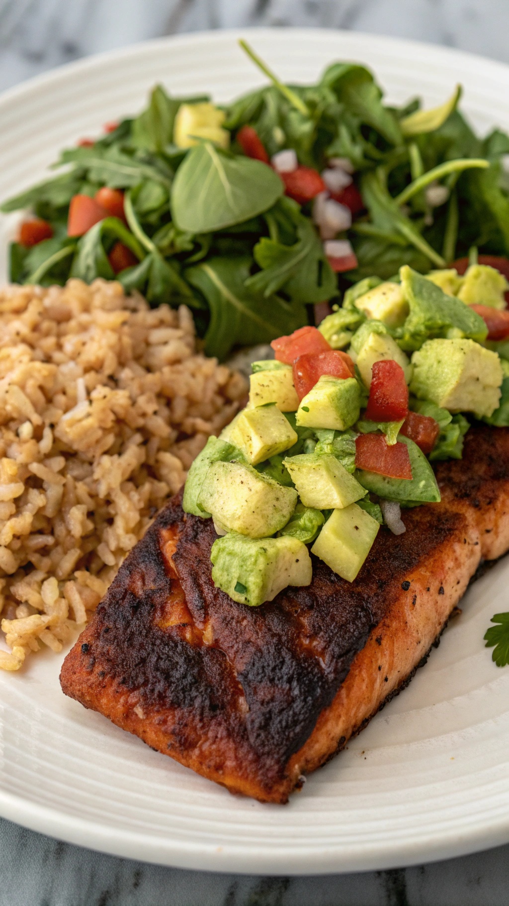 A plate of blackened salmon topped with avocado salsa, served with brown rice and a green salad.