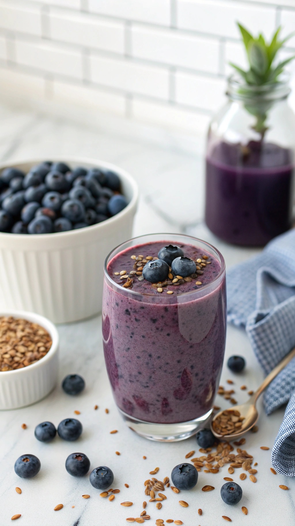 A blueberry flaxseed smoothie in a glass, topped with blueberries and flaxseeds, with bowls of blueberries and flaxseeds in the background.