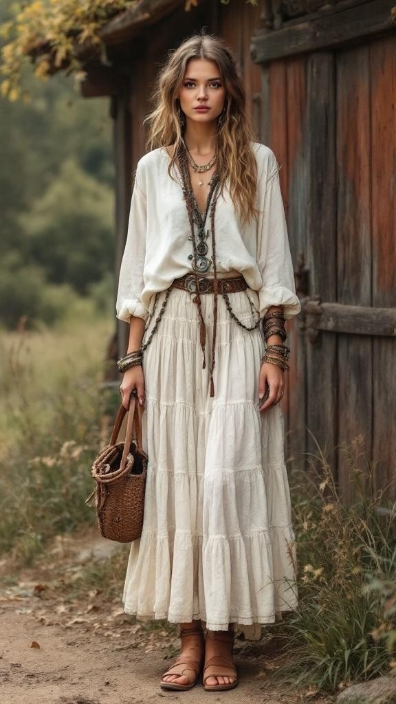 A woman wearing a white tiered skirt with a loose top and bohemian accessories, standing outdoors.