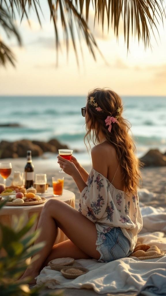 A woman enjoying a drink at the beach, wearing a bohemian tunic and denim shorts.