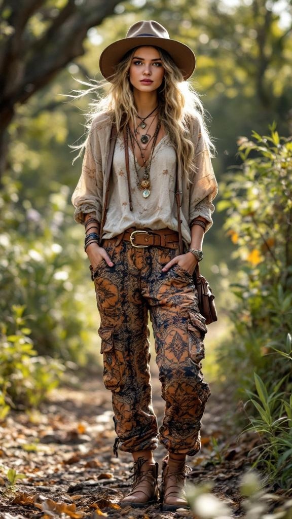 A woman wearing boho-inspired cargo pants with a loose top and accessories, standing in a natural setting.