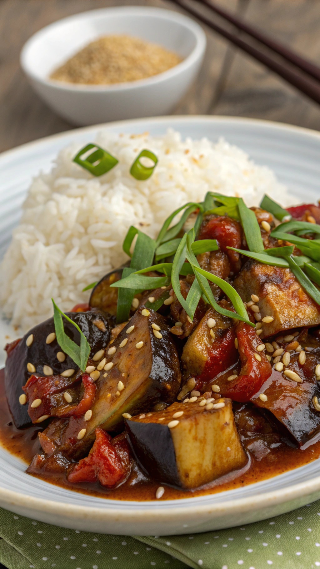 A plate of Spicy Eggplant Szechuan Style served with white rice and garnished with green onions and sesame seeds.