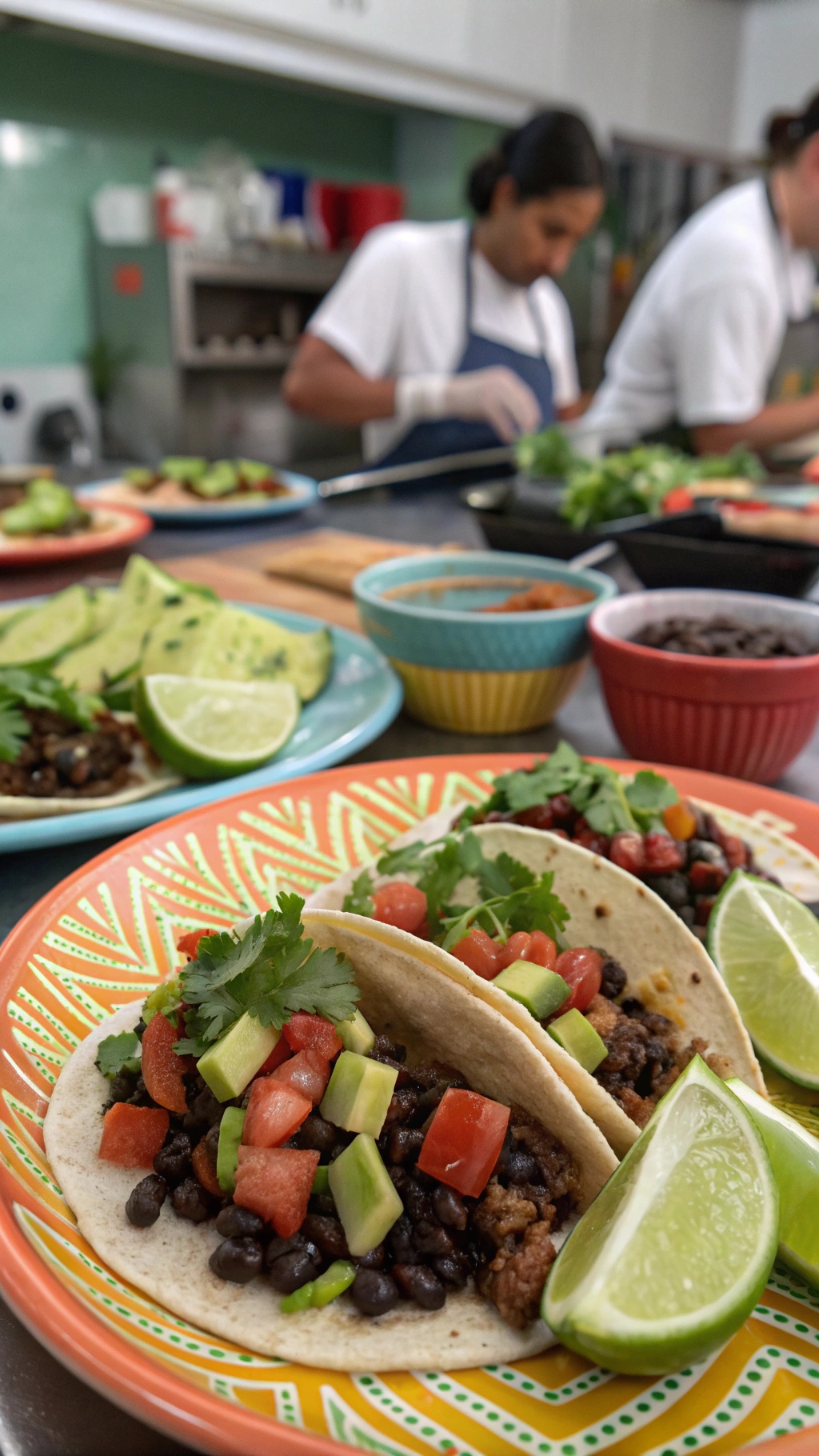 Spicy black bean tacos with toppings and lime wedges on a colorful plate