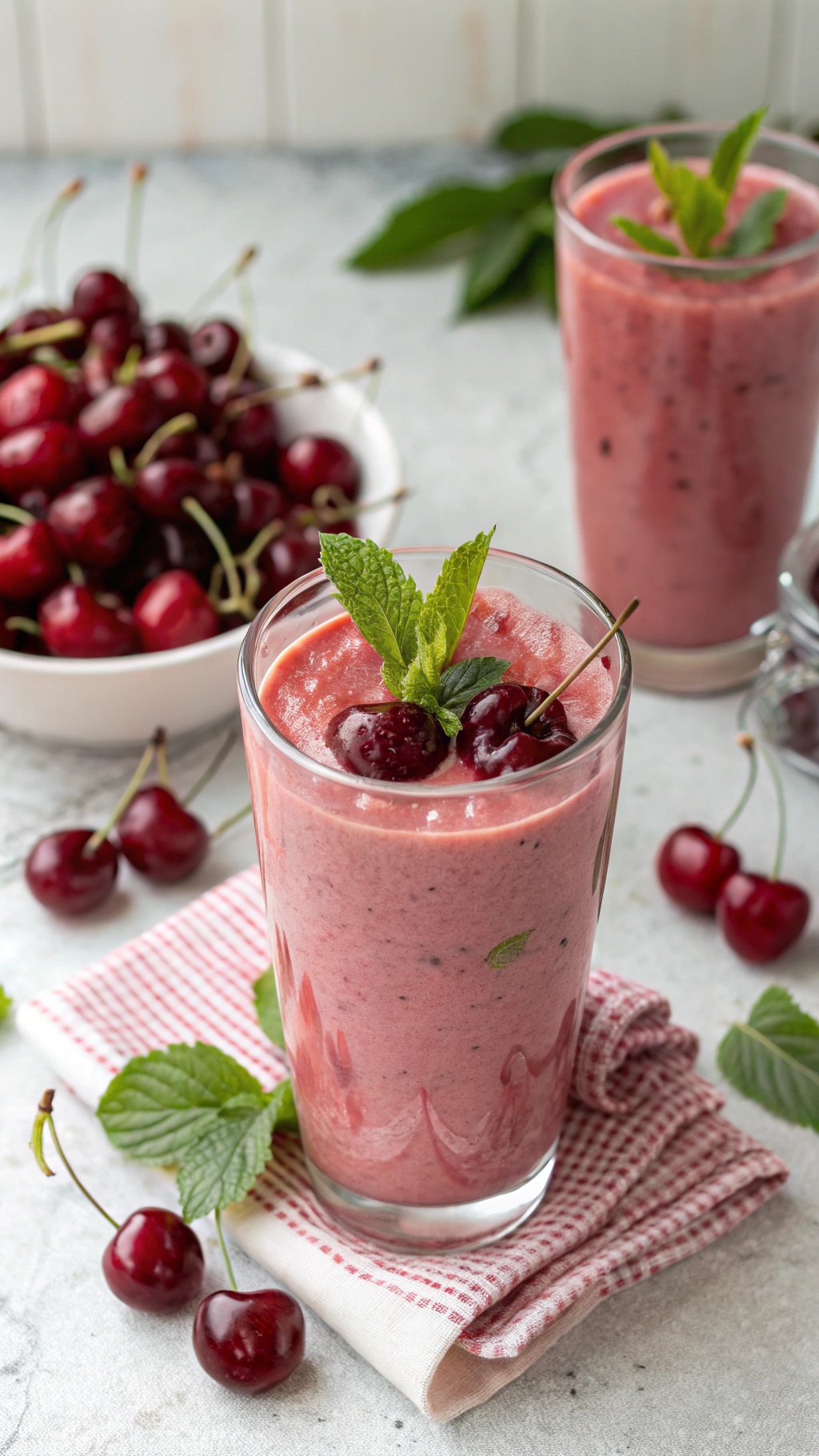 A refreshing cherry smoothie in a glass, garnished with mint leaves, surrounded by fresh cherries.