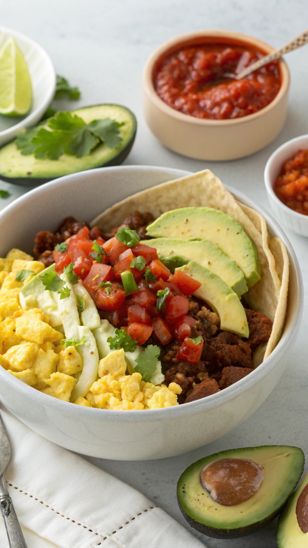 A colorful breakfast taco salad with eggs, salsa, avocado, and tomatoes in a bowl.