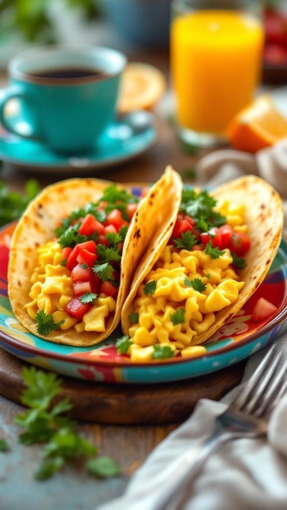 Breakfast tacos with scrambled eggs, diced tomatoes, and cilantro on a colorful plate.