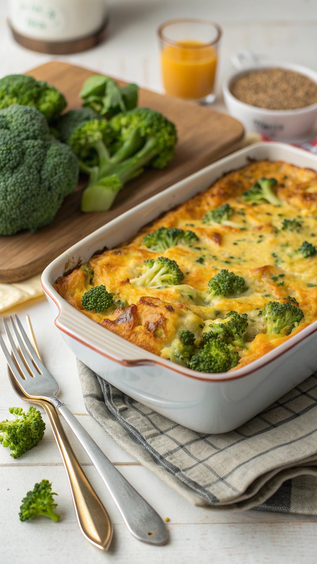 A delicious broccoli and cheddar casserole in a baking dish, surrounded by fresh broccoli and ingredients.