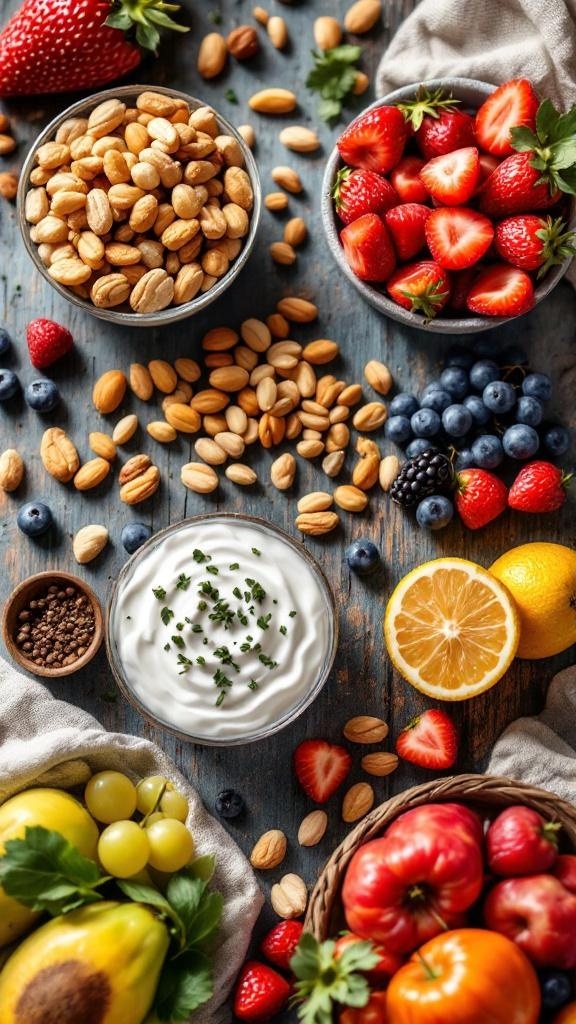 A colorful assortment of budget-friendly snacks including fruits, nuts, and a yogurt dip.